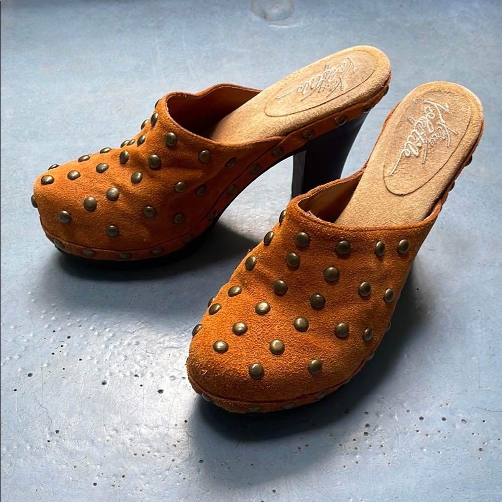 Very Volatile Orange suede high heel clogs w brass rivet studs